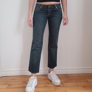 7 FOR ALL MANKIND MADE IN USA BLUE  DISTRESSED STRAIGHT LEG LOW RISE DENIM JEANS